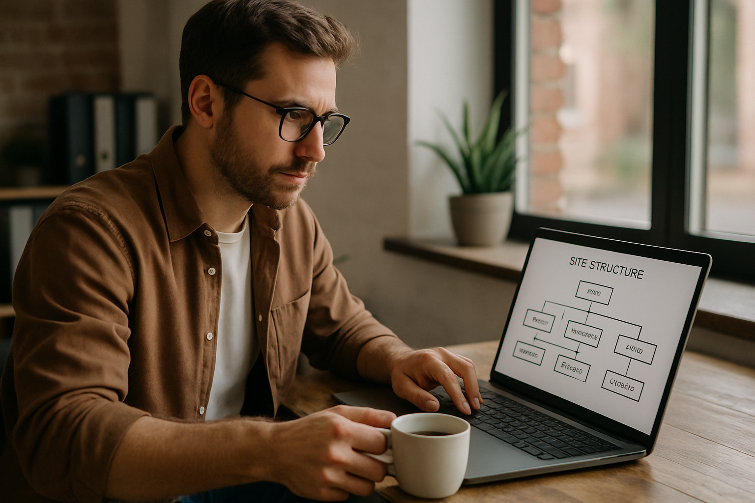 Business owner reviewing site structure on a laptop with coffee