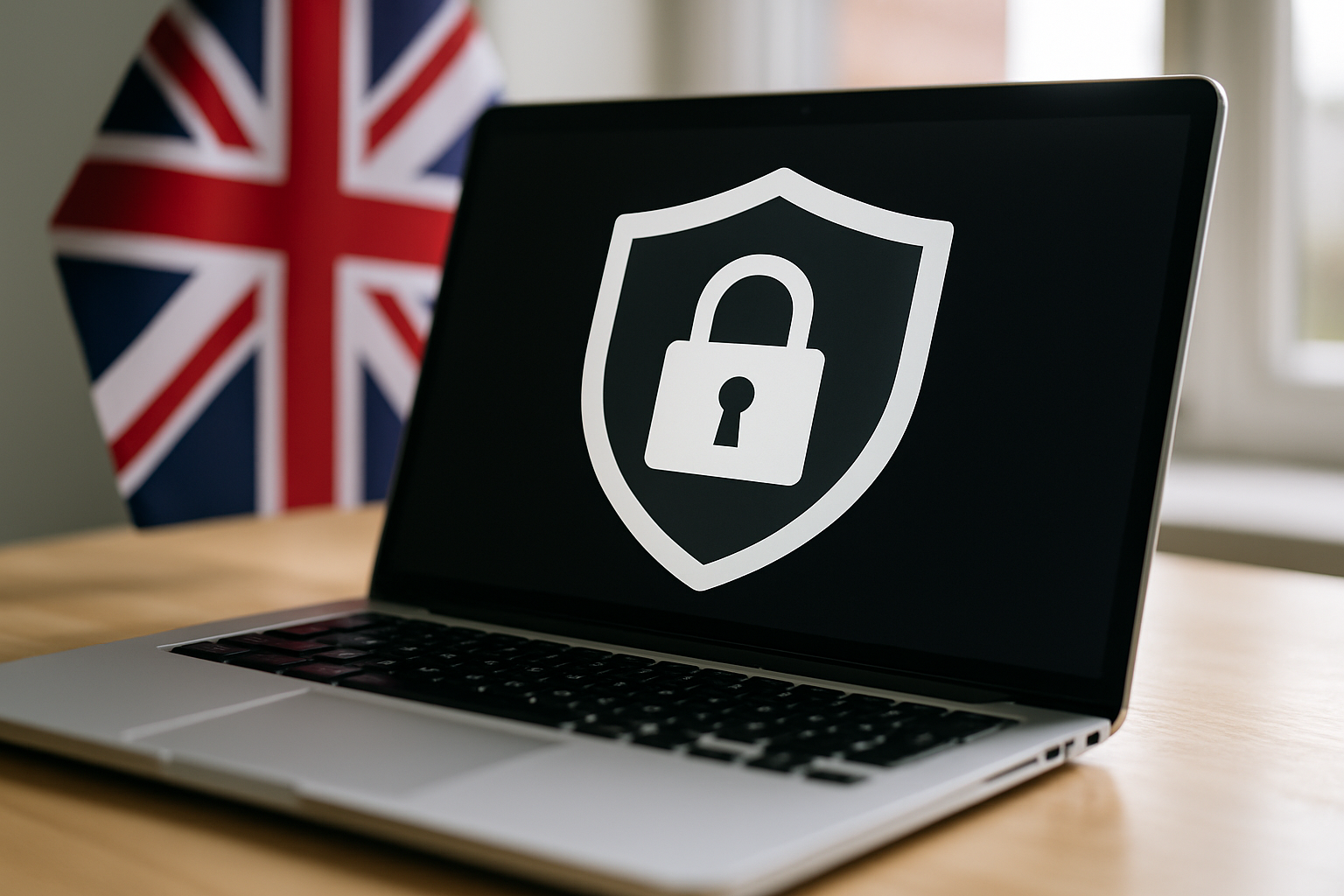 Lock and shield icon overlaid on a laptop to represent secure UK business websites
