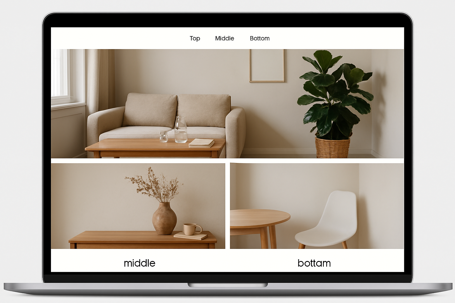 Screenshot-style mockup of a clean single-page site layout with sticky nav and anchor sections