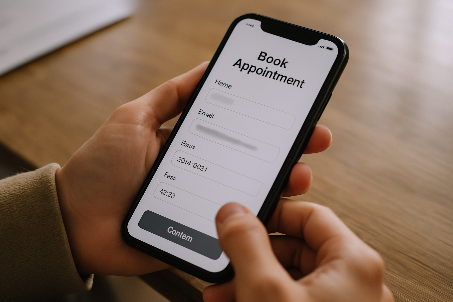 Close-up of a mobile user booking an appointment on a streamlined single-page site