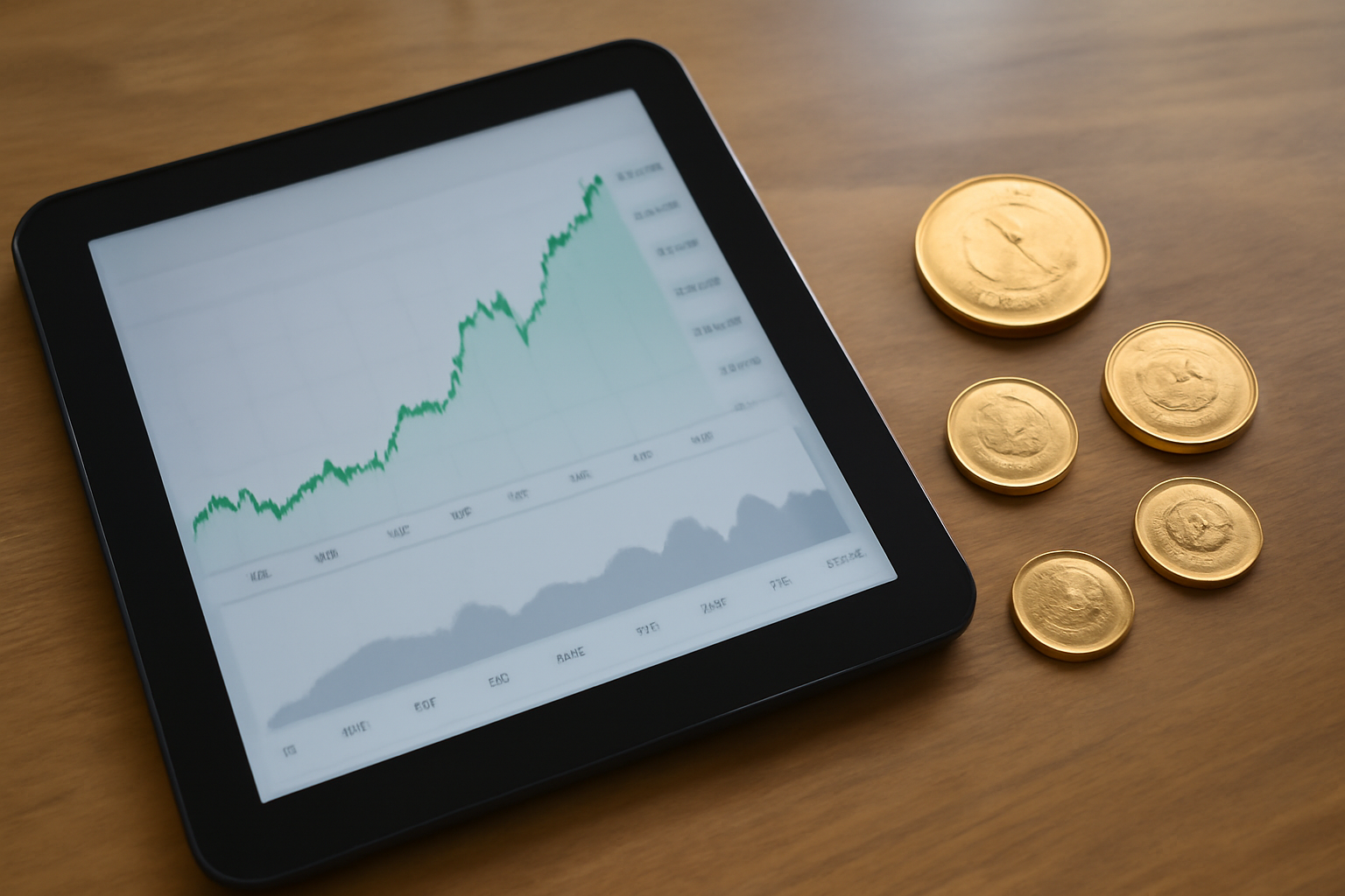 Tabletop chart of live gold prices open on a tablet next to assorted fractional Krugerrands