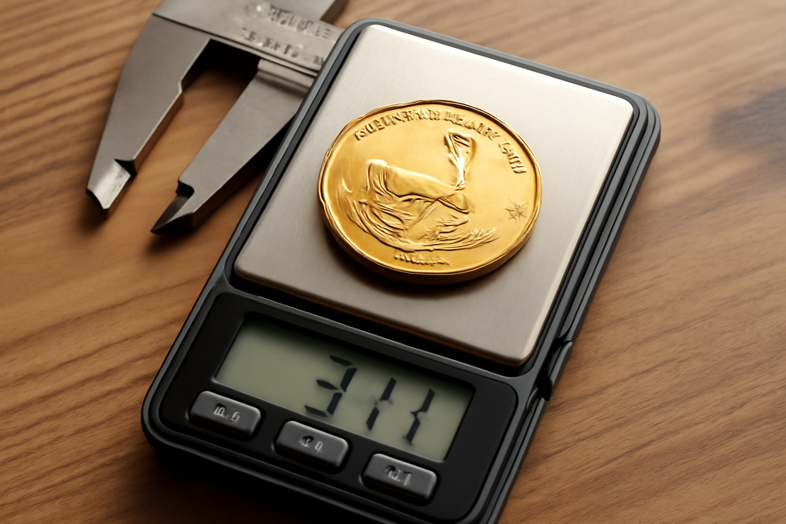 Close-up of a 1 oz Krugerrand on digital scales with calipers nearby