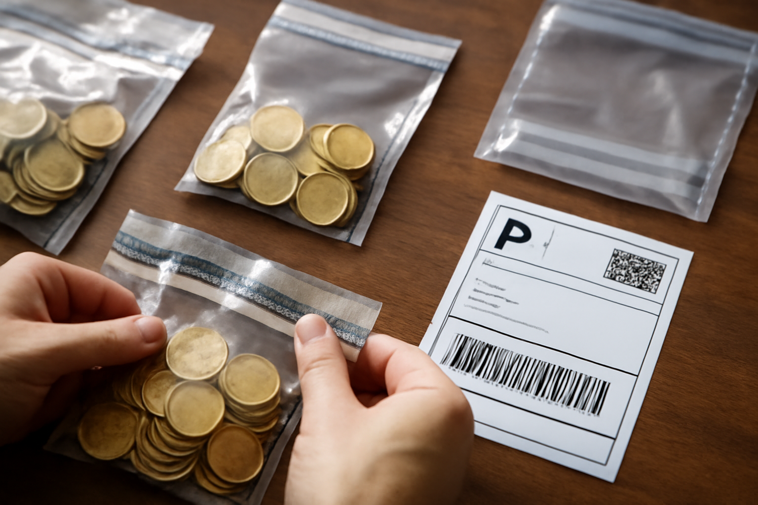 Securely packaging coins with tamper-evident bags and a tracked postage label