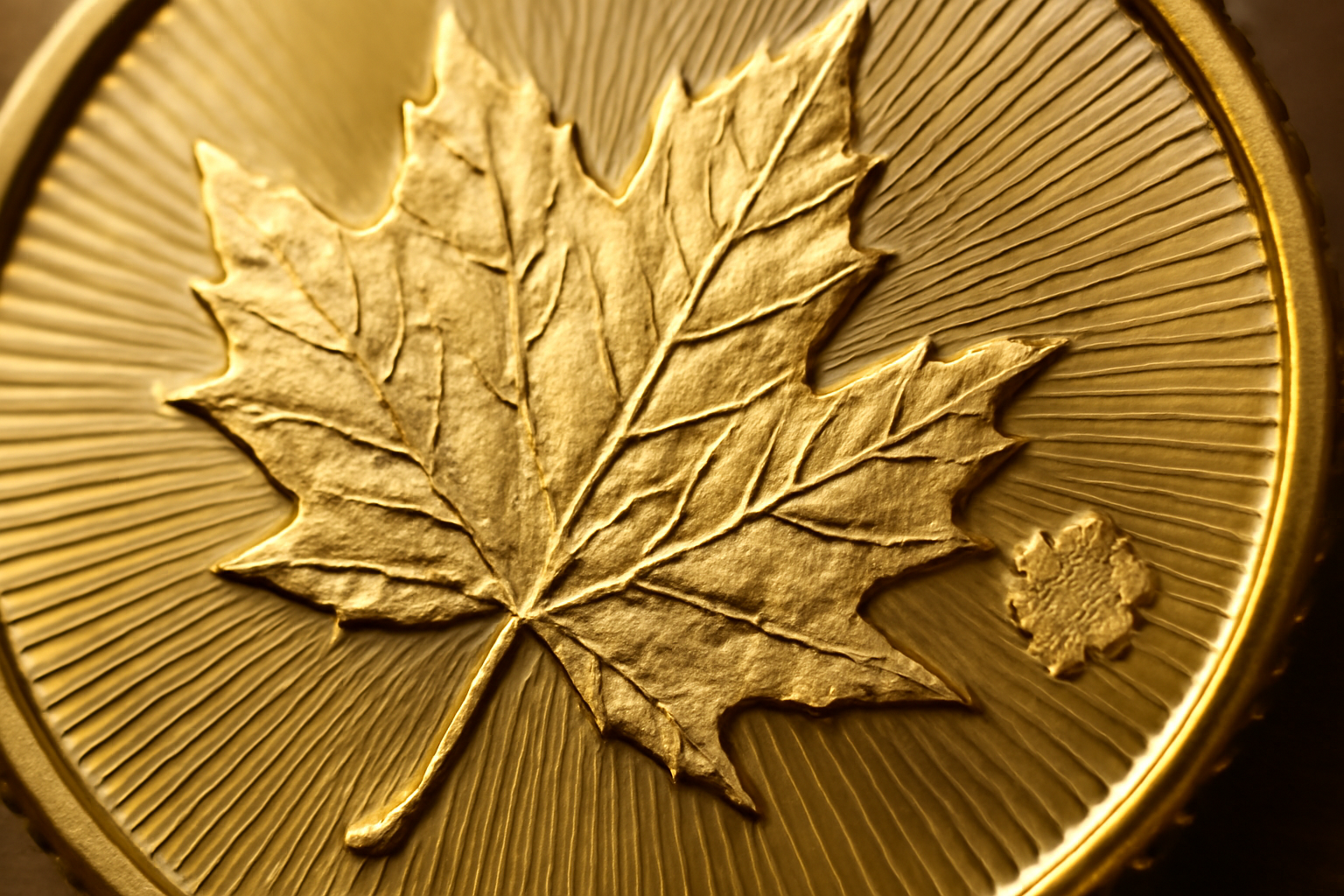 Close-up of a Canadian Maple Leaf gold coin showing radial lines and micro-engraved maple privy mark