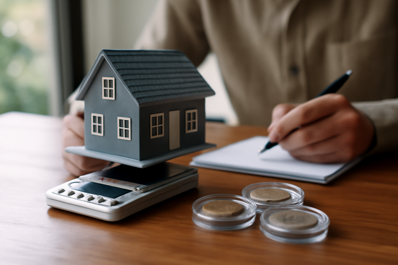 A discreet home valuation in progress with a portable scale and coin capsules