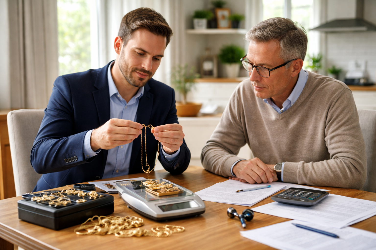 Discreet mobile valuation visit at a customer’s dining table with documents and a digital scale