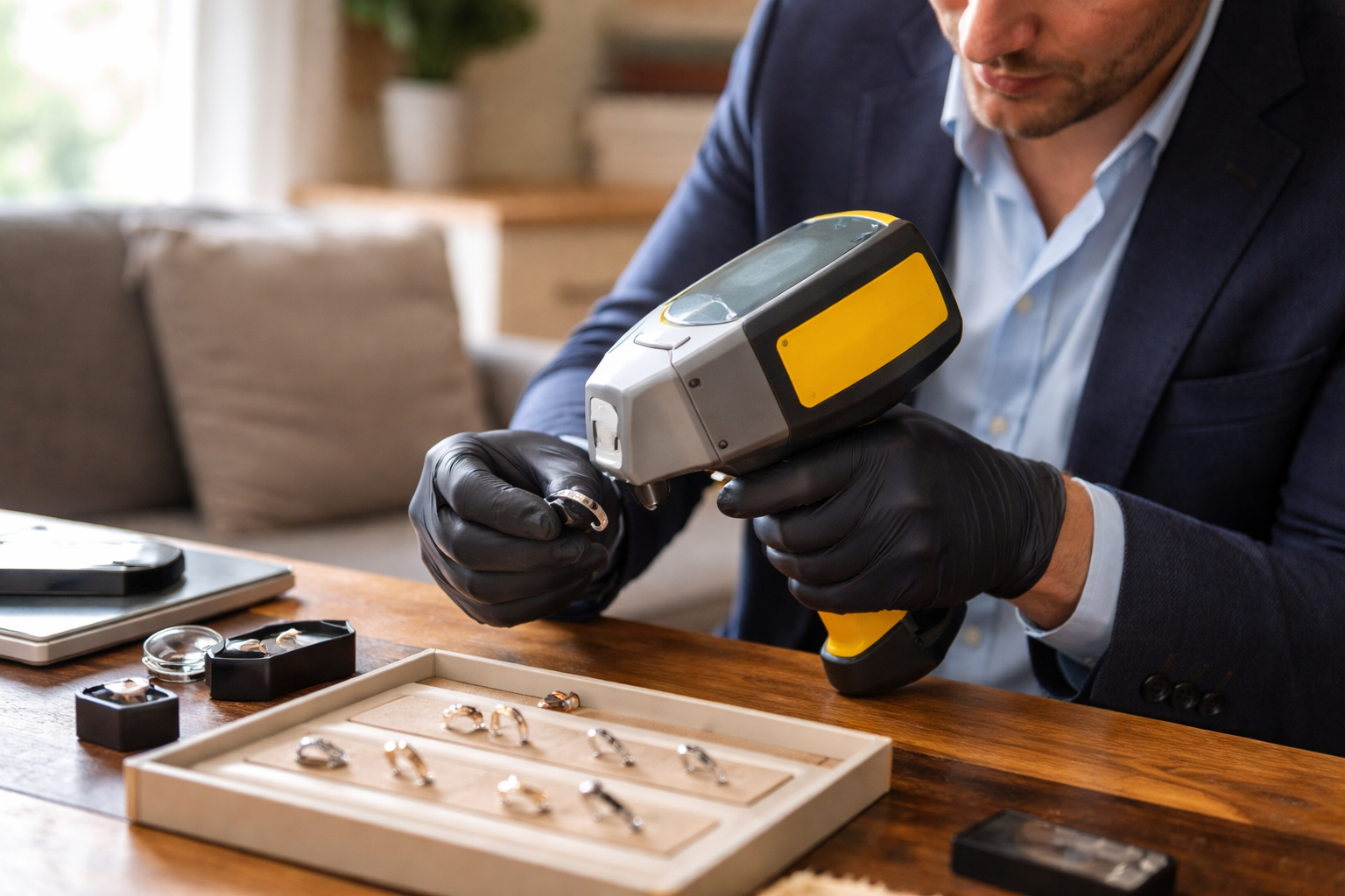 Professional buyer testing a platinum ring with an XRF analyser during a home visit
