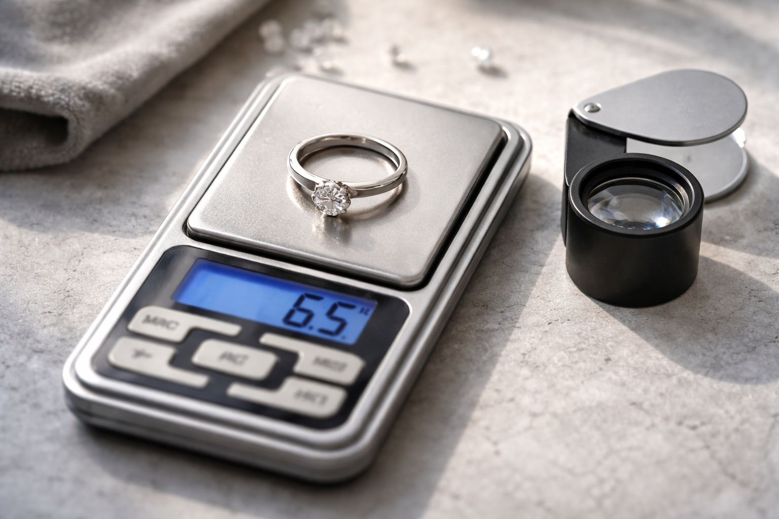 Digital pocket scale weighing a platinum ring next to a loupe