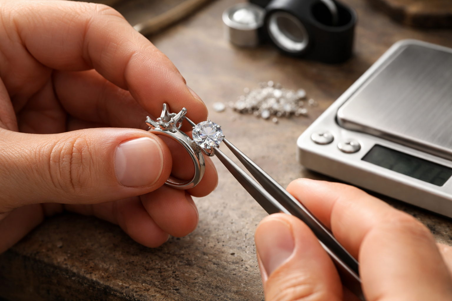 Jeweller removing a diamond from a platinum setting to weigh the metal-only portion