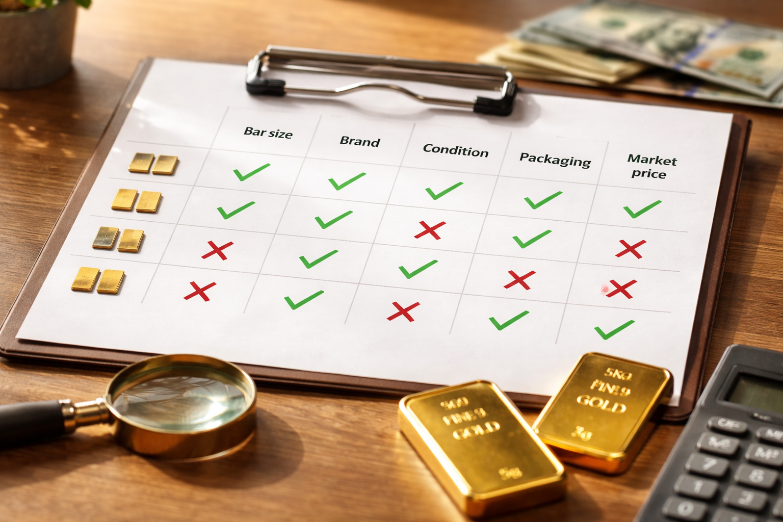 Simple comparison chart showing factors affecting buyback spreads for gold bars
