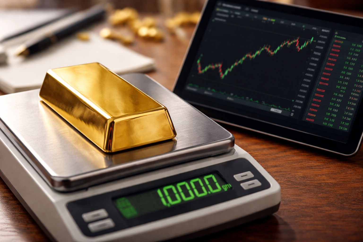 Close-up of digital scales weighing a gold bar next to a live price feed on a tablet