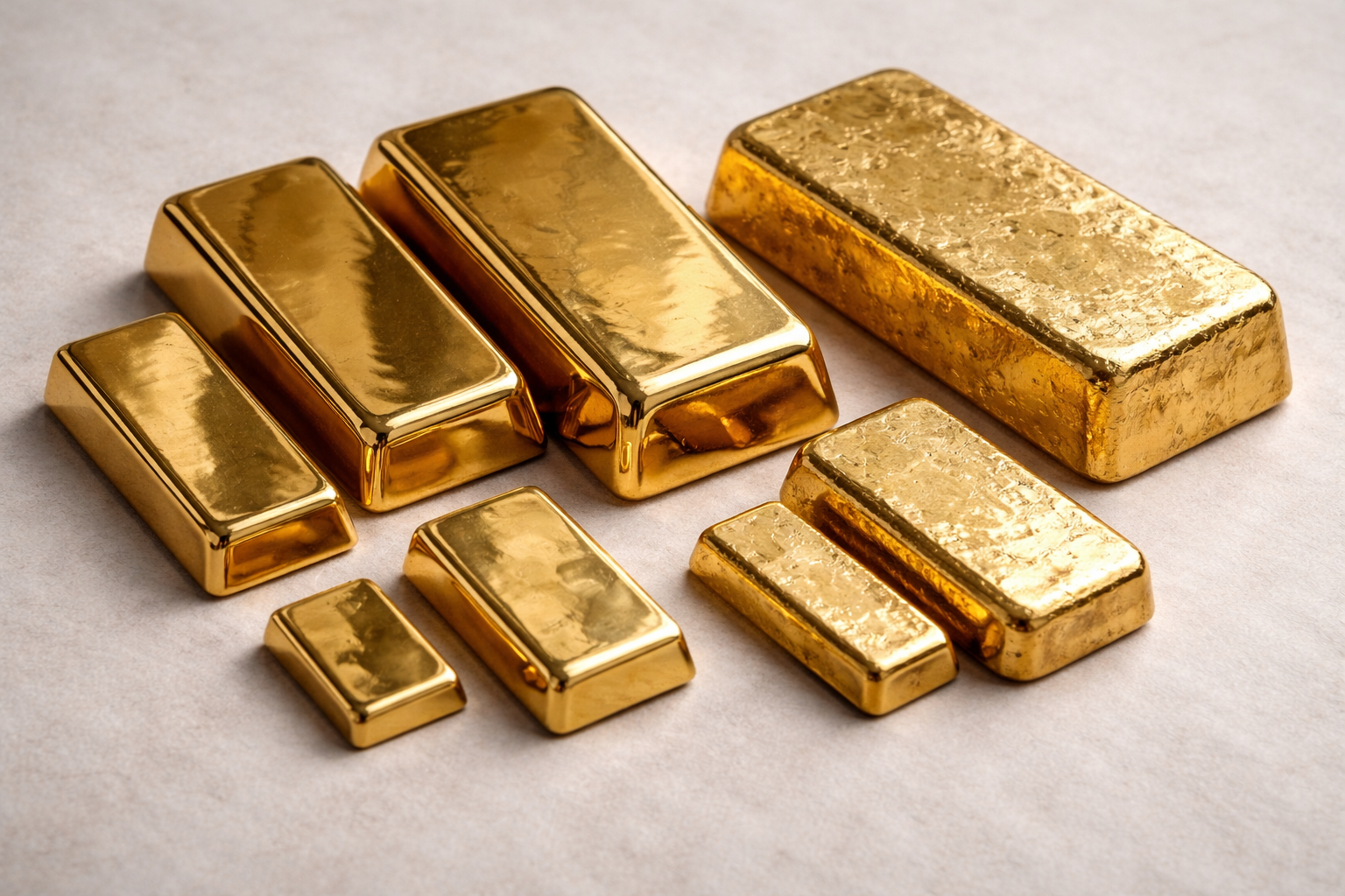 Selection of minted and cast gold bars in different sizes laid out on a neutral background