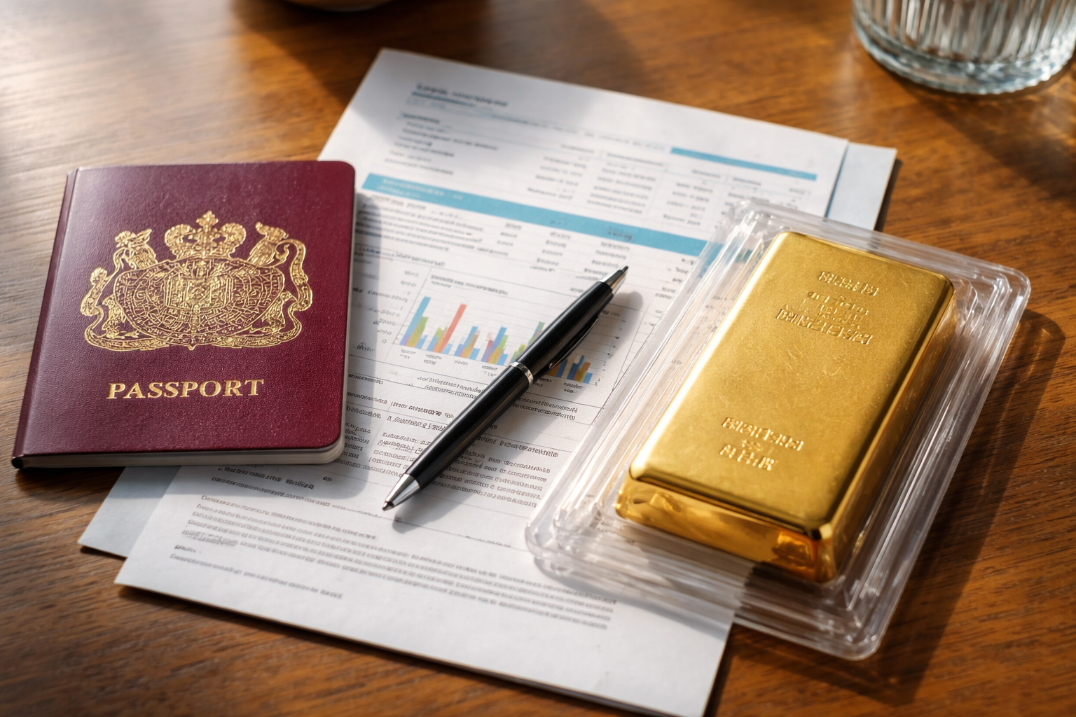 UK passport and a utility bill placed beside a sealed gold bar on a table