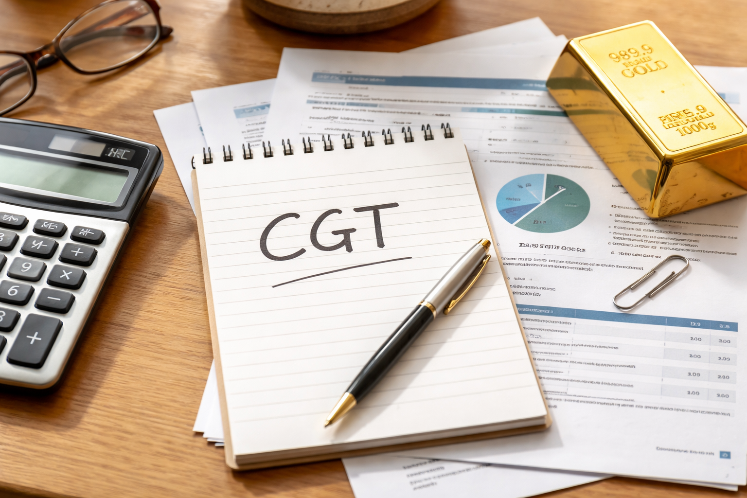 A notepad with ‘CGT’ written on it beside a calculator, gold bar and UK tax guidance printout