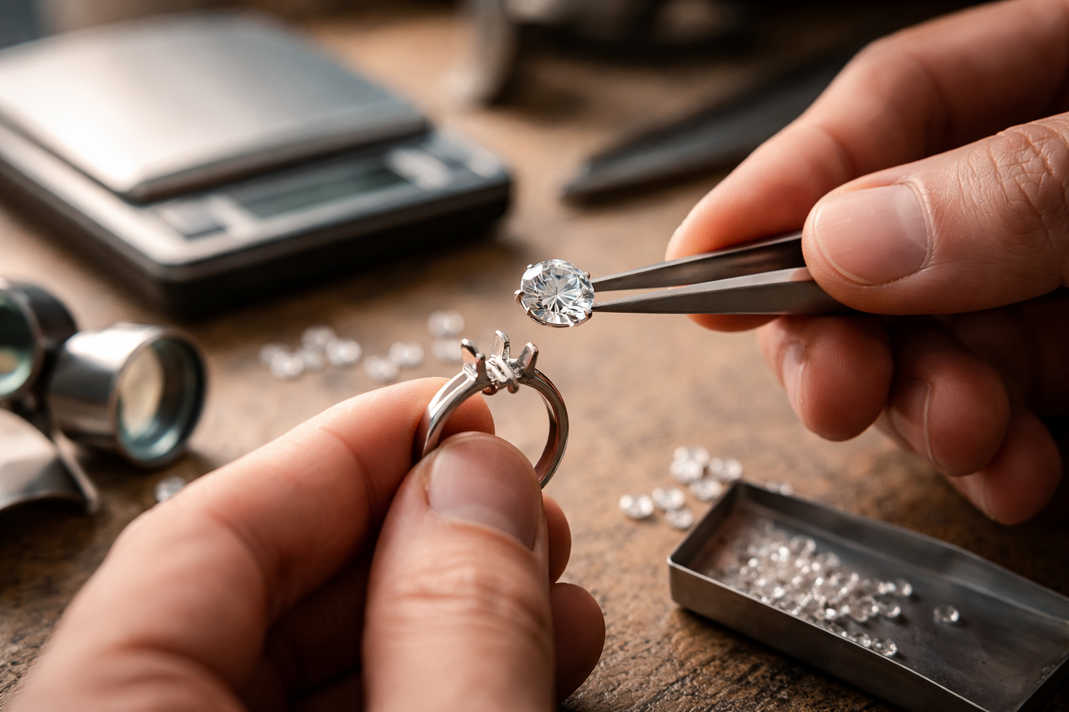 Jeweller removing a diamond from a platinum ring before weighing