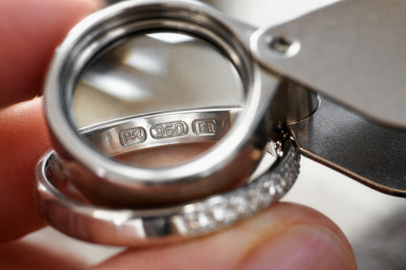 Close-up of UK platinum ring hallmarks on an inner band with a loupe
