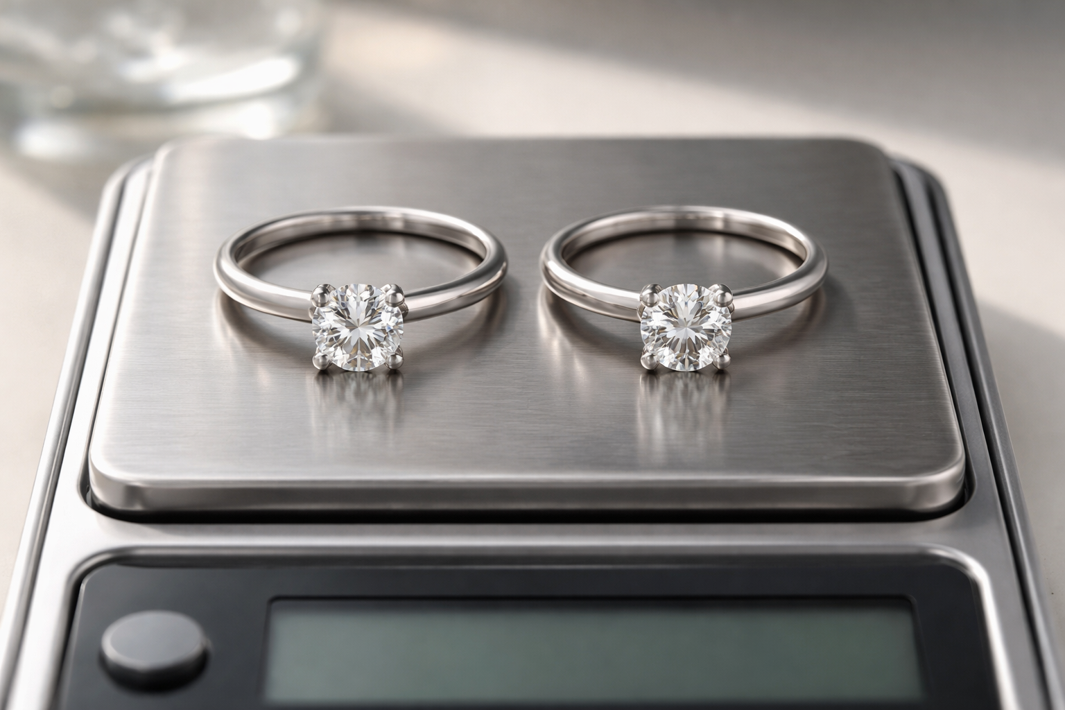 Side-by-side view of a platinum ring and a white gold ring on a scale