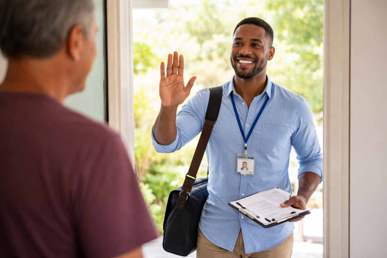 Friendly mobile buyer greeting a homeowner at the door, ID badge visible