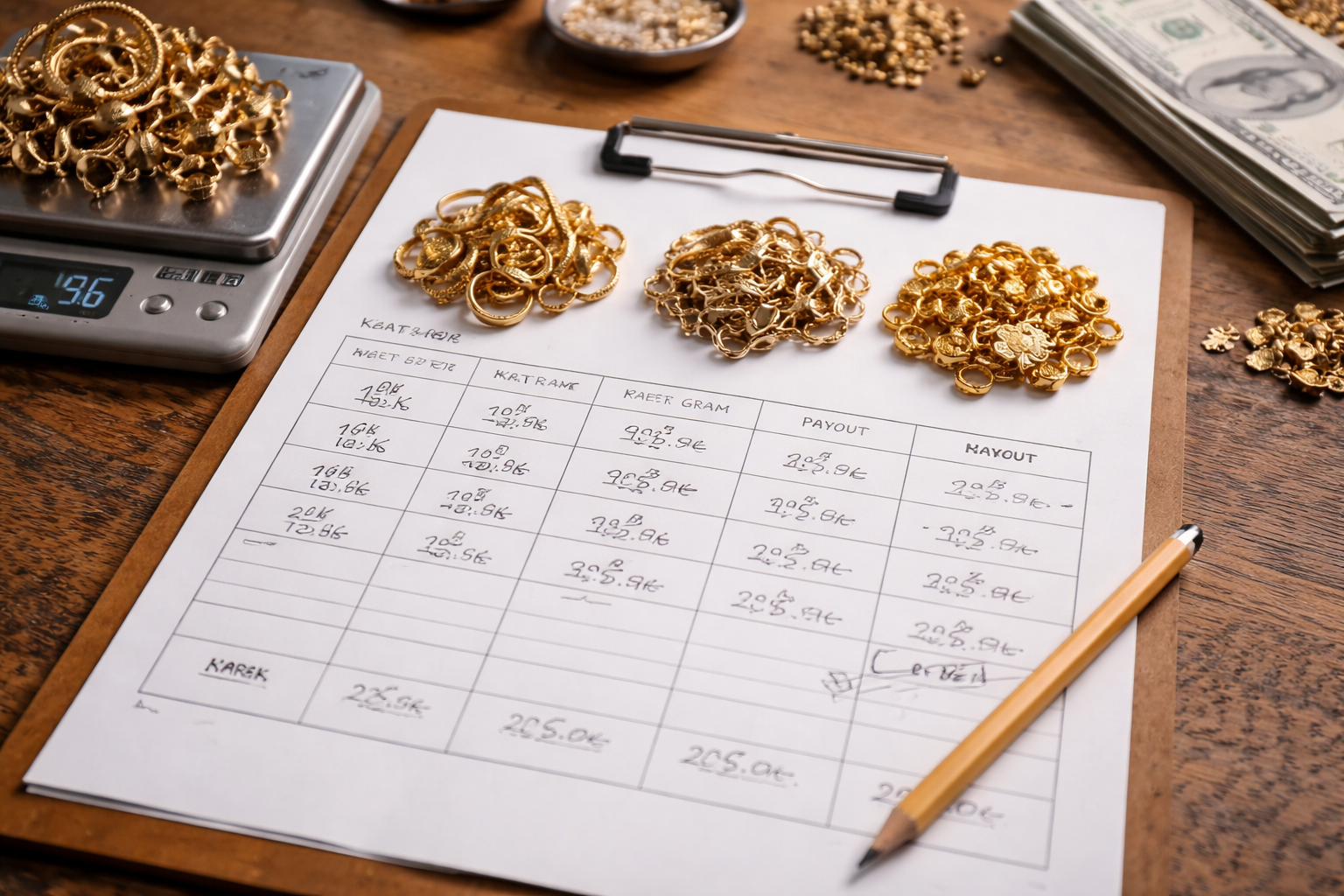 Itemised worksheet showing karat groups, weights, and payout calculations