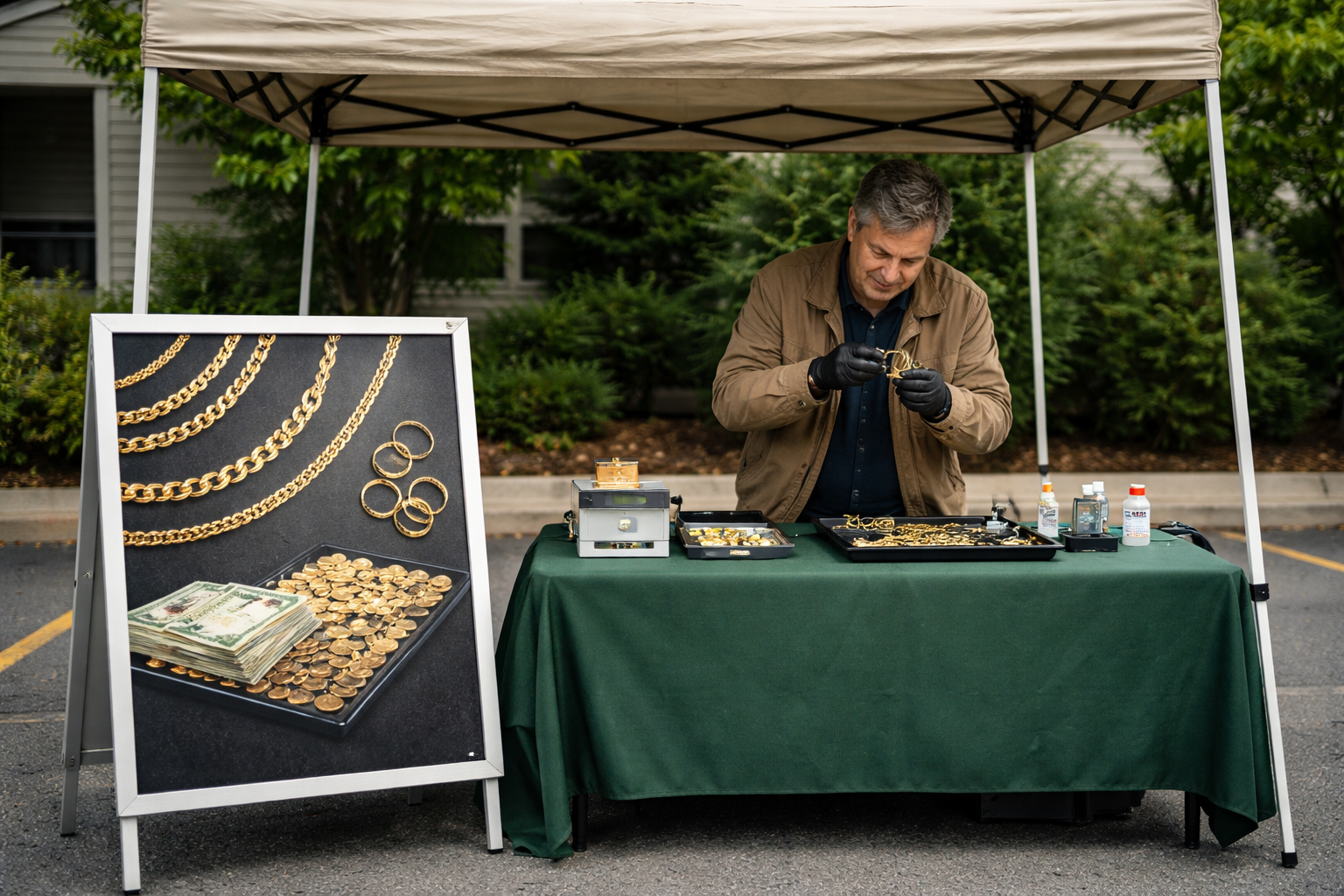Discreet mobile gold buying pop-up event with signage and testing kit