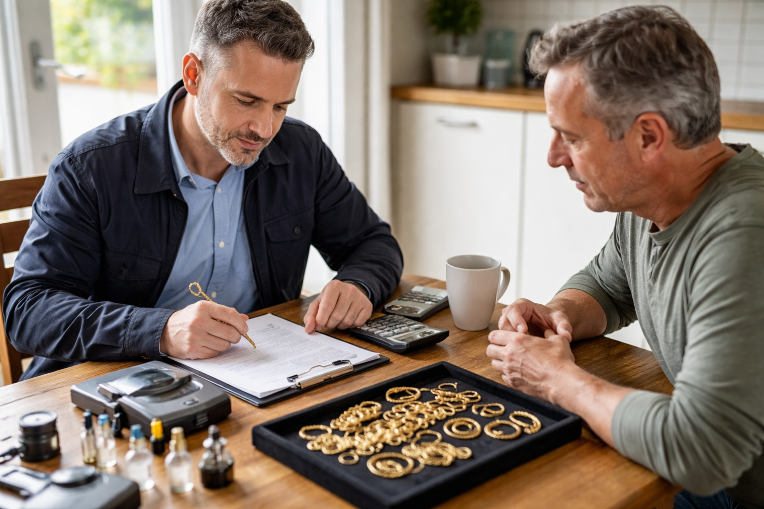 Seller and mobile gold buyer completing an itemised valuation at a kitchen table