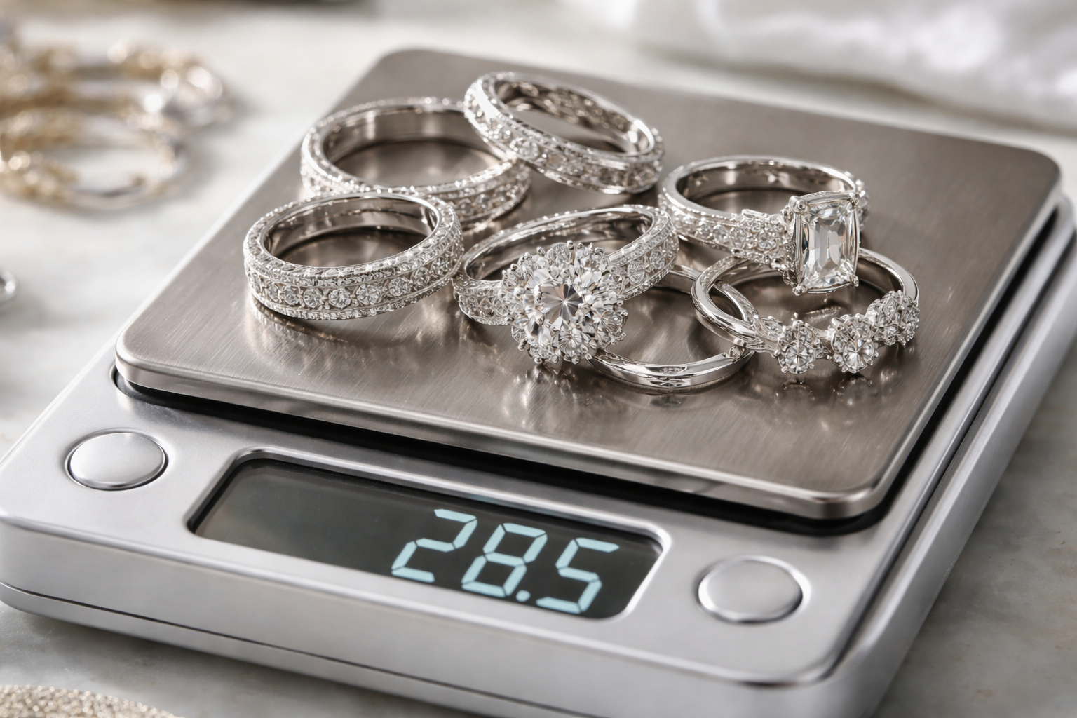 Close-up of assorted white gold rings on a scale showing grams