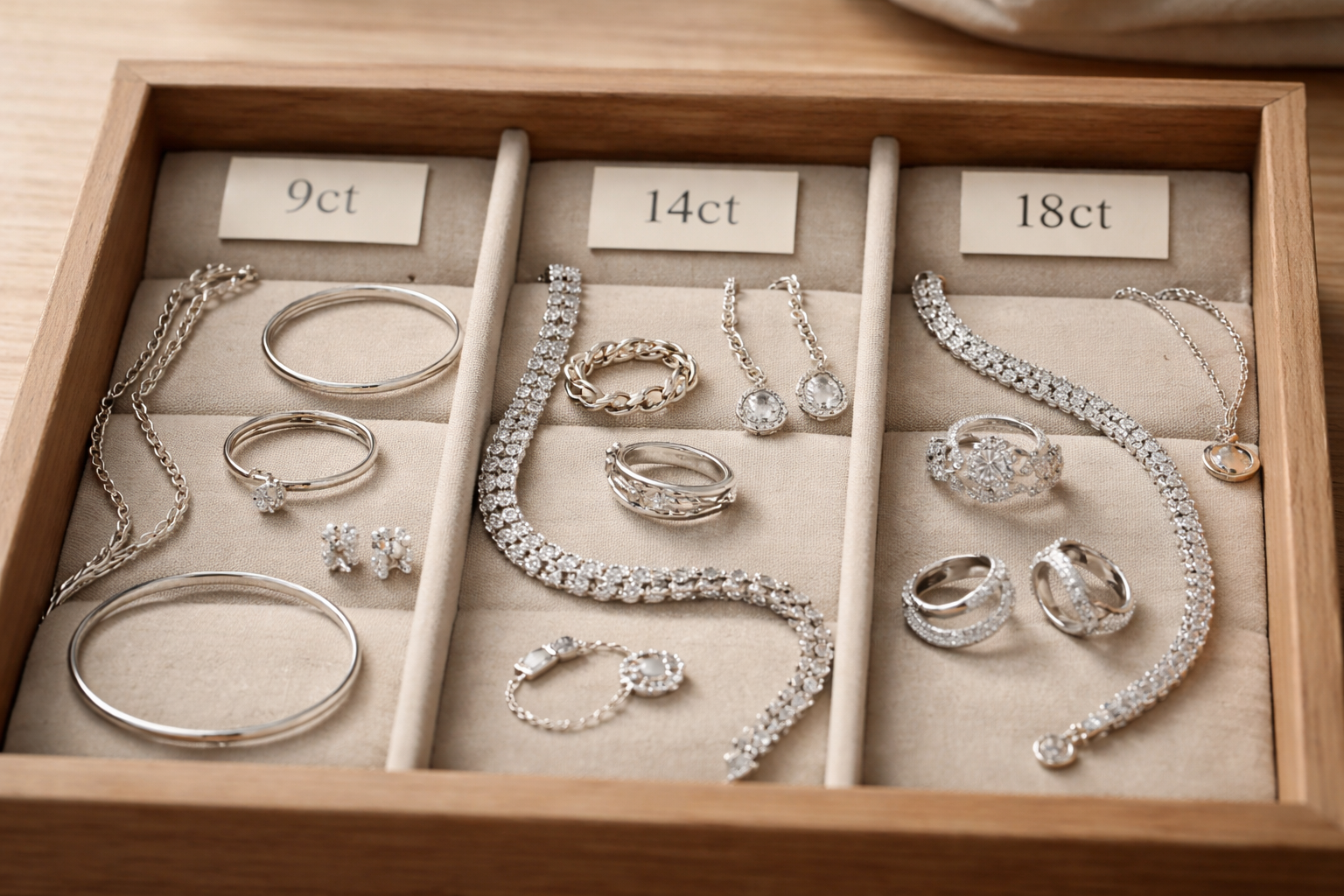 A tray separating 9ct, 14ct, and 18ct white gold items with labels