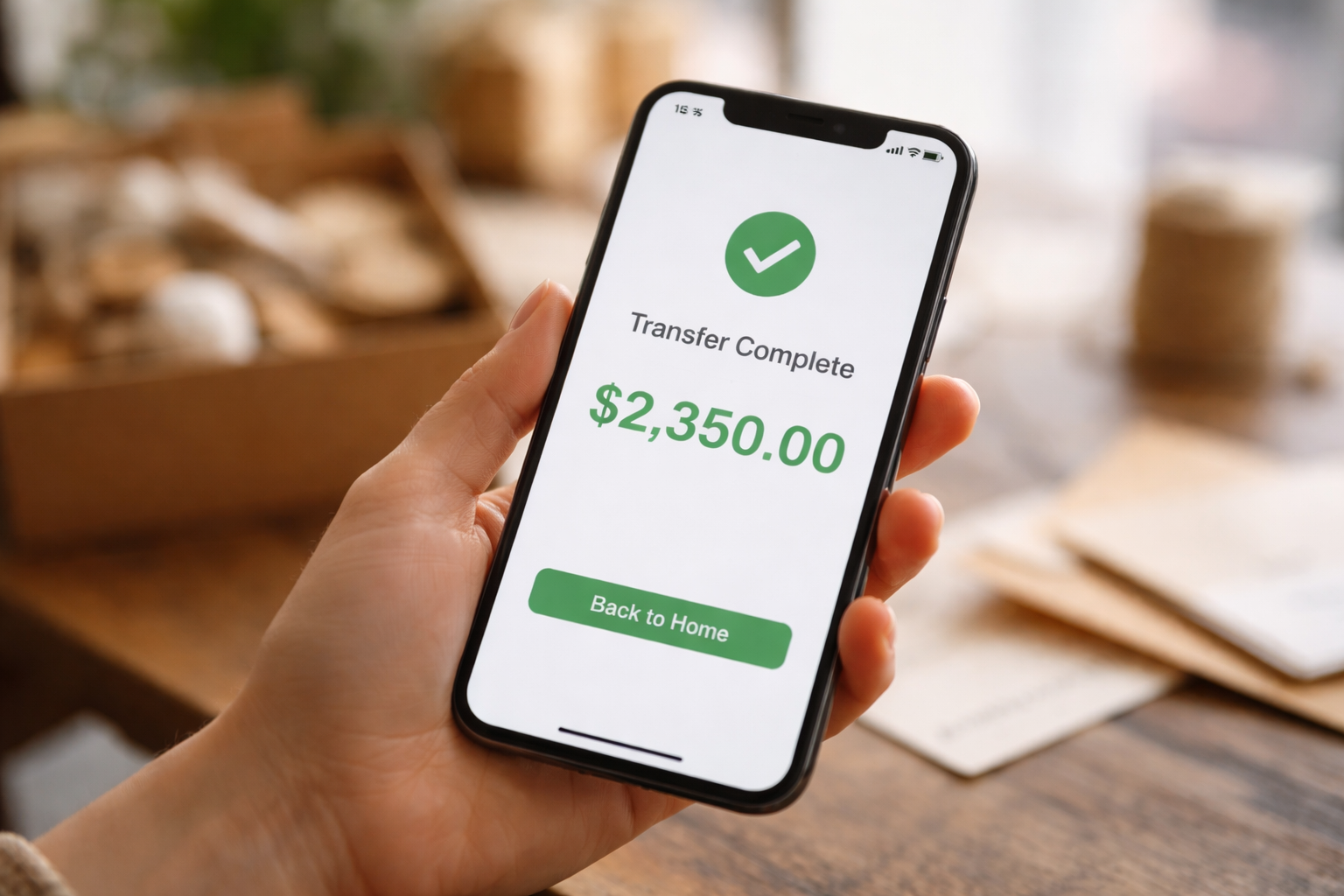 Close-up of digital bank transfer confirmation on a phone after a sale
