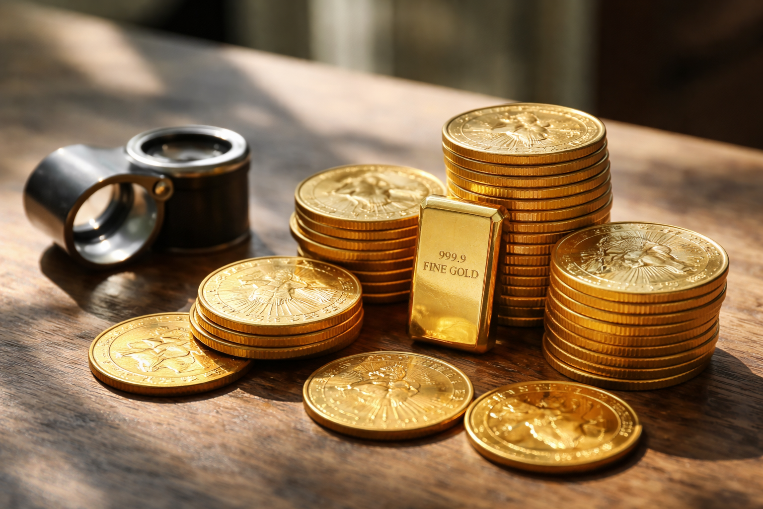 Gold bullion coins and a small bar neatly arranged beside a loupe