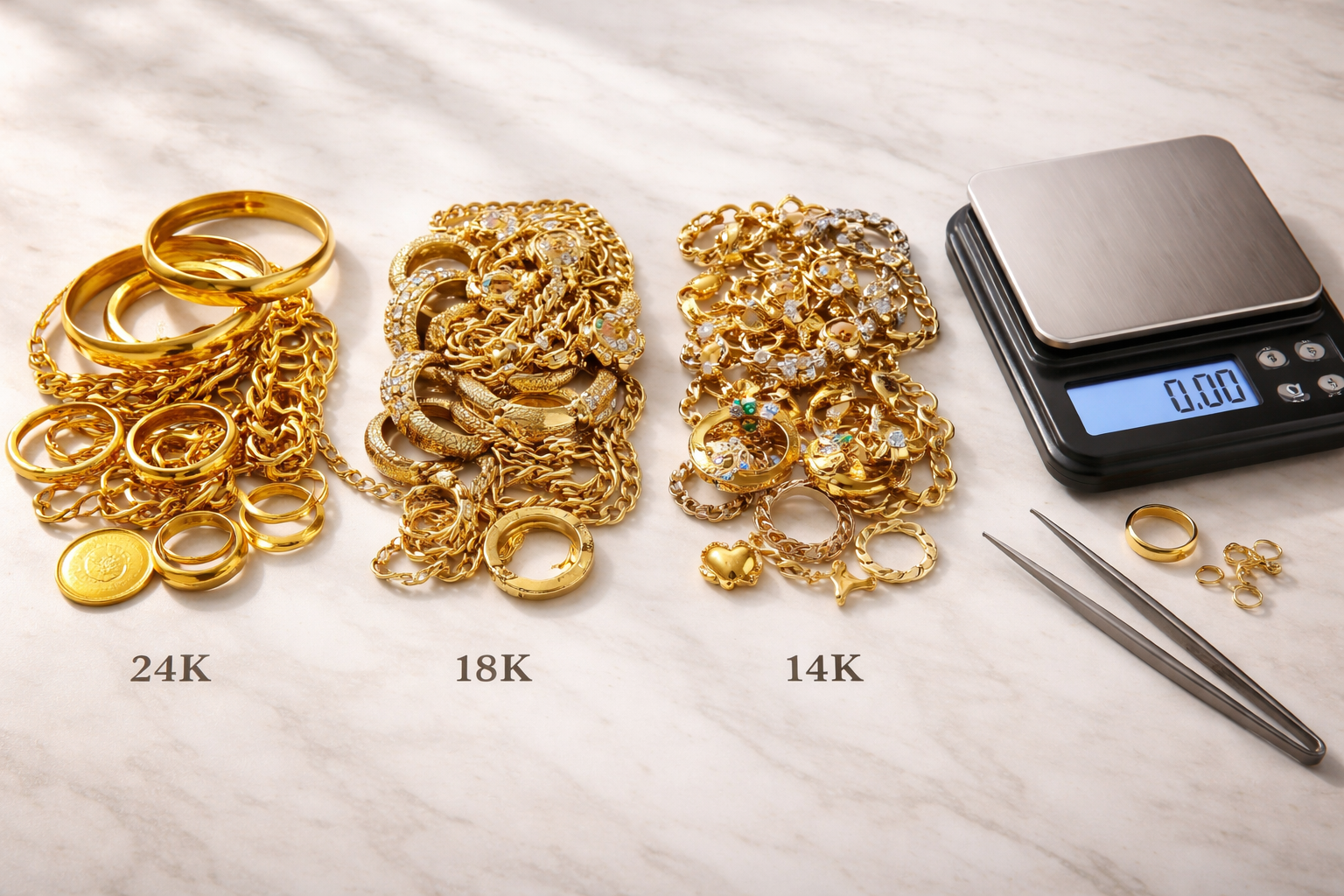 Assorted gold jewellery separated by karat next to a digital scale