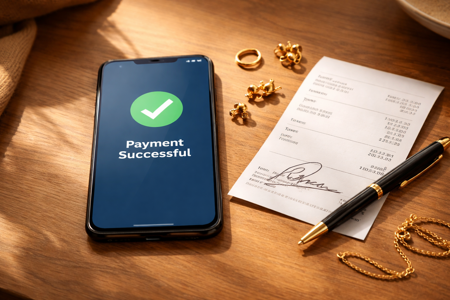 Smartphone showing a faster payment confirmation next to a signed receipt and small gold items