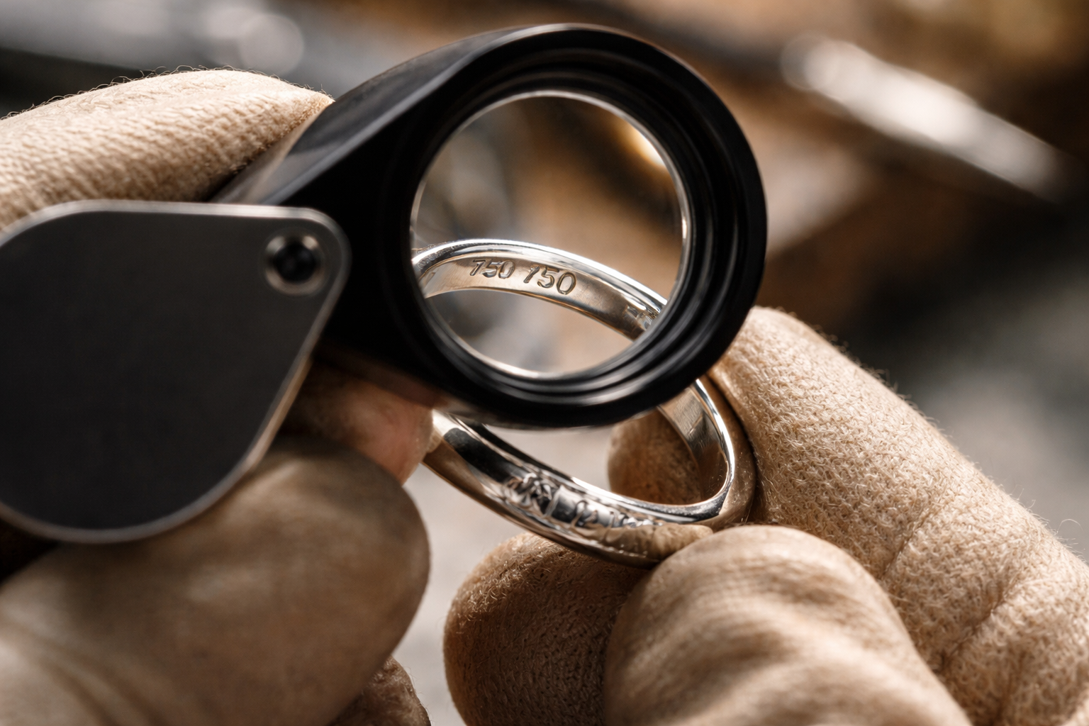 Close-up of a white gold ring being tested with a jeweller’s loupe showing hallmark