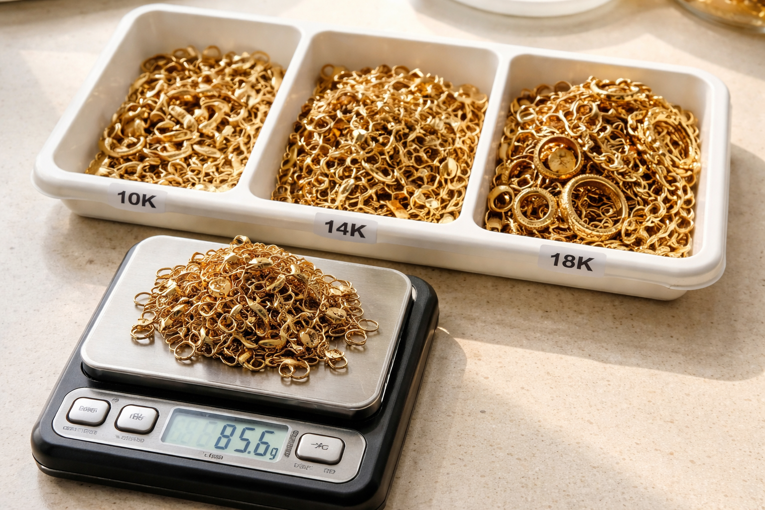Assorted broken gold jewellery sorted by carat on a white tray with a digital scale