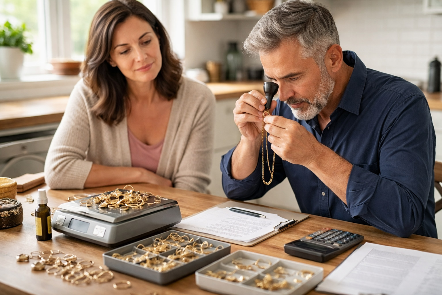 Mobile gold buyer valuing jewellery at a customer’s kitchen table with scales and paperwork