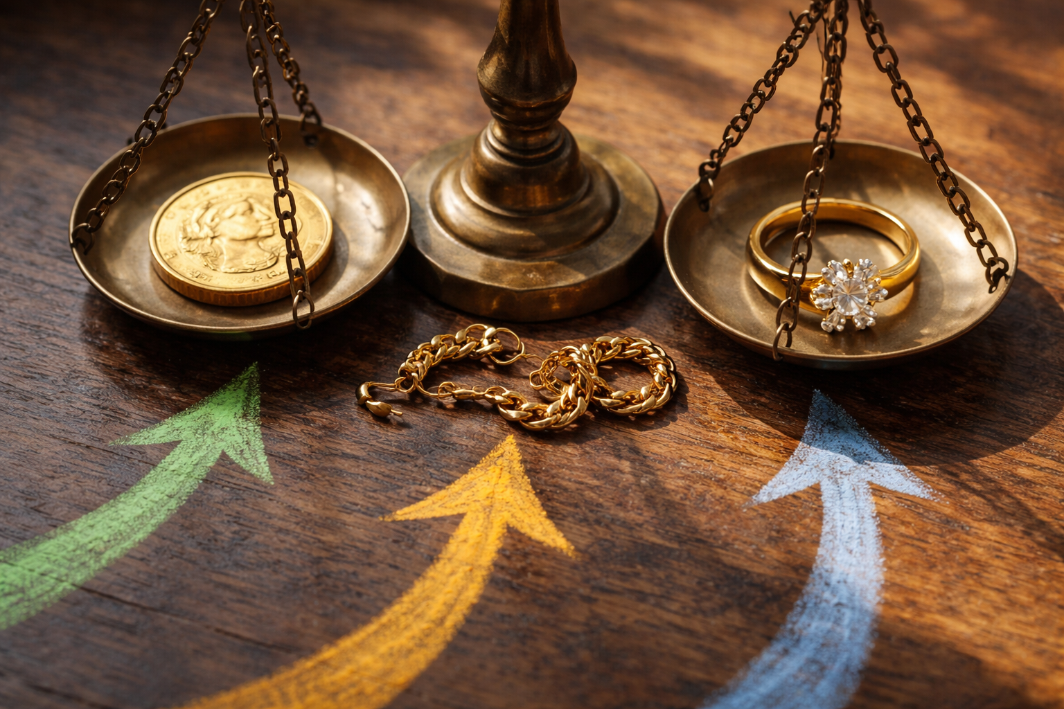 A gold coin, a broken chain, and an 18ct ring on a scale showing different value routes